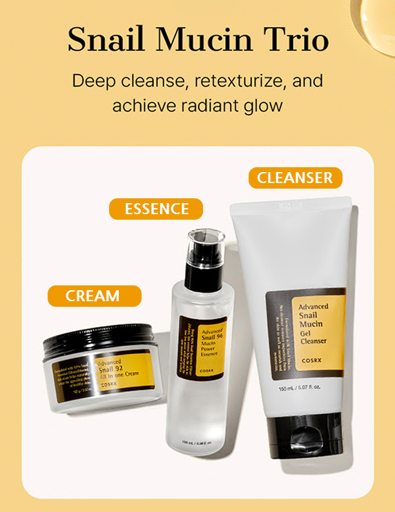 Advanced Snail 92 All In One Cream Moisturizer 100ml+ Advanced Snail Mucin  Gel Cleanser+ Advanced Snail 96 Mucin Power Essence