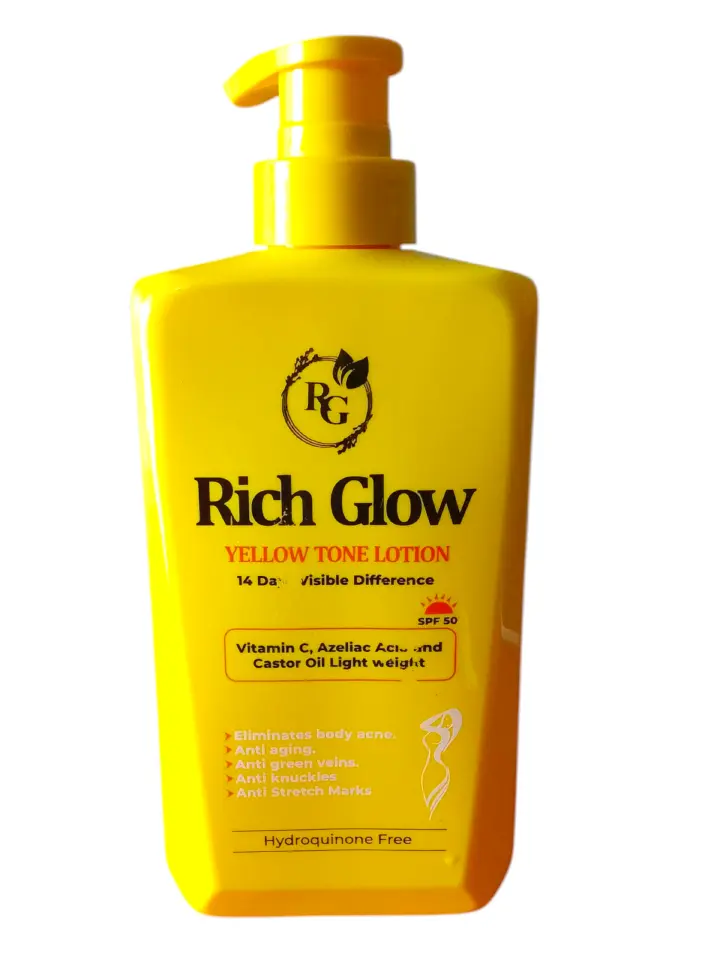 Rich Glow Yellow Tone Lotion 14 Days Visible Difference Brightens Skin Evens Yellow Undertone Infused With  SPF 50, Vitamin C, Azelaic Acid And Castor Oil Lightweight Formula