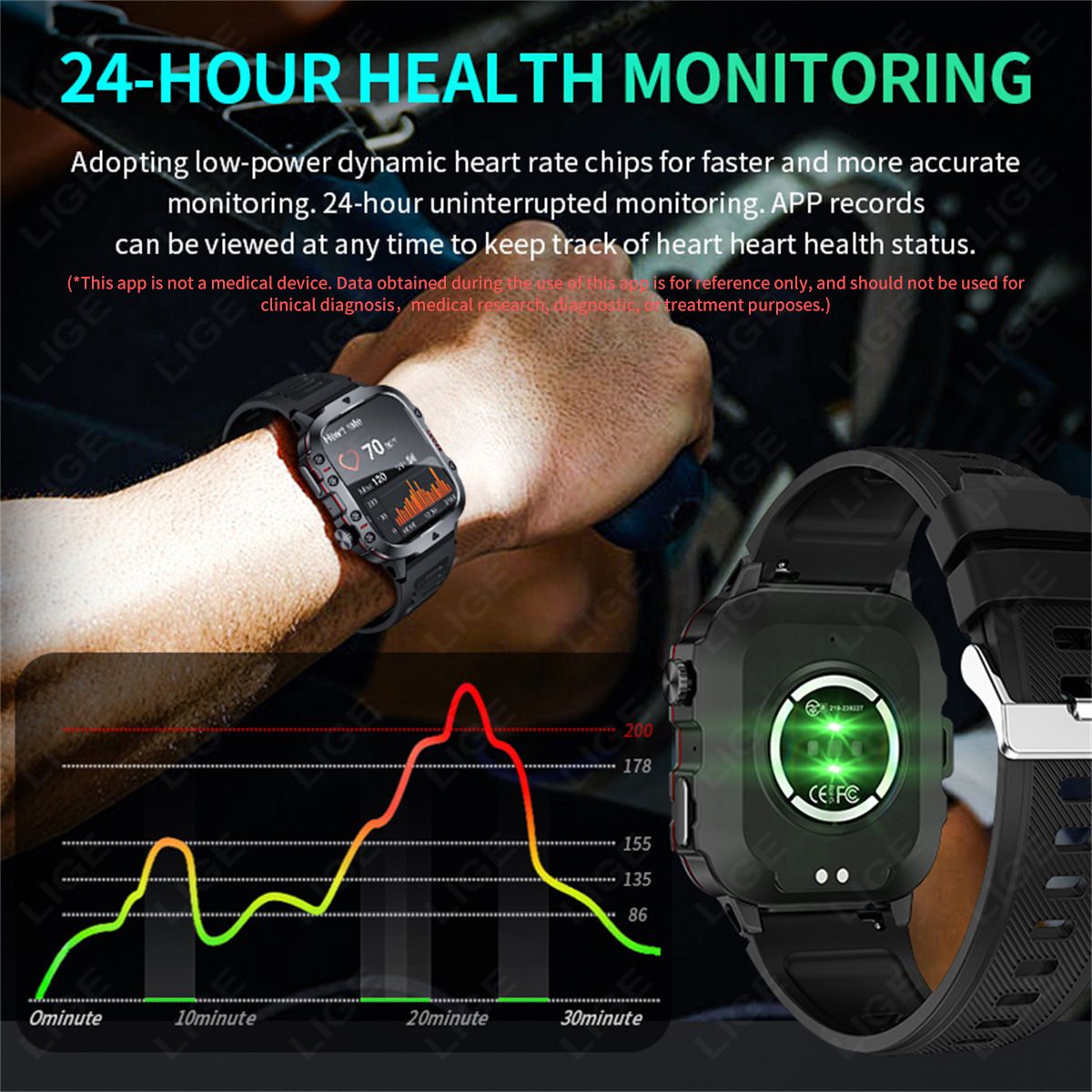 LIGE Q11 smart watch  outdoor sports smart watch men's multi-function health monitoring blood pressure heart rate square large screen bracelet