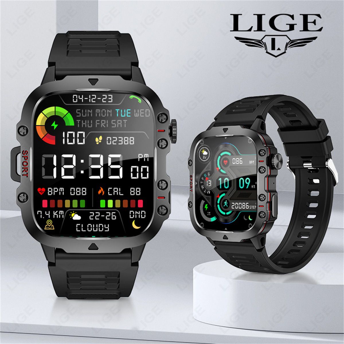 LIGE Q11 smart watch  outdoor sports smart watch men's multi-function health monitoring blood pressure heart rate square large screen bracelet