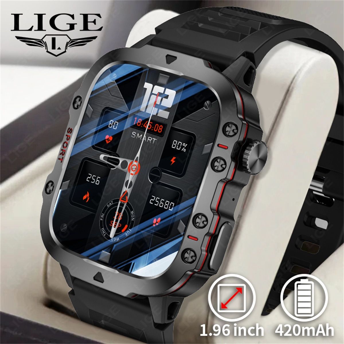LIGE Q11 smart watch  outdoor sports smart watch men's multi-function health monitoring blood pressure heart rate square large screen bracelet