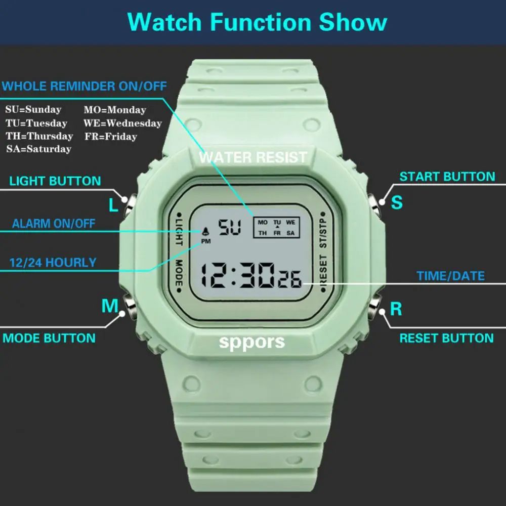 YuYue Solid color square watch student youth outdoor sports waterproof multi-function LED electronic watch