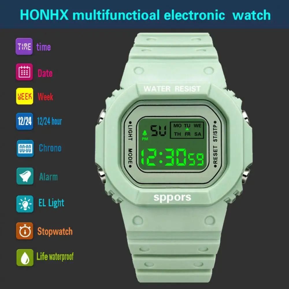 YuYue Solid color square watch student youth outdoor sports waterproof multi-function LED electronic watch