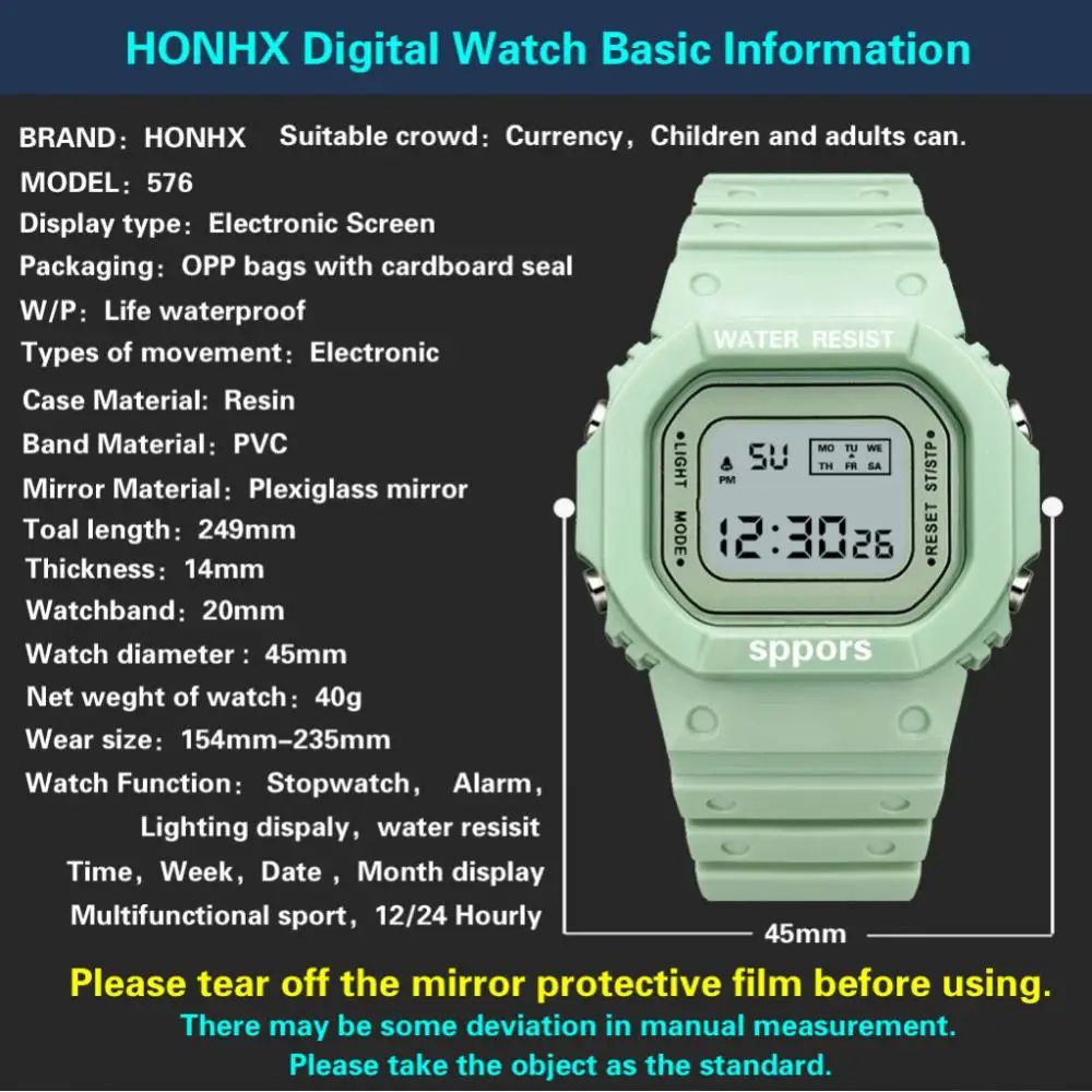 YuYue Solid color square watch student youth outdoor sports waterproof multi-function LED electronic watch