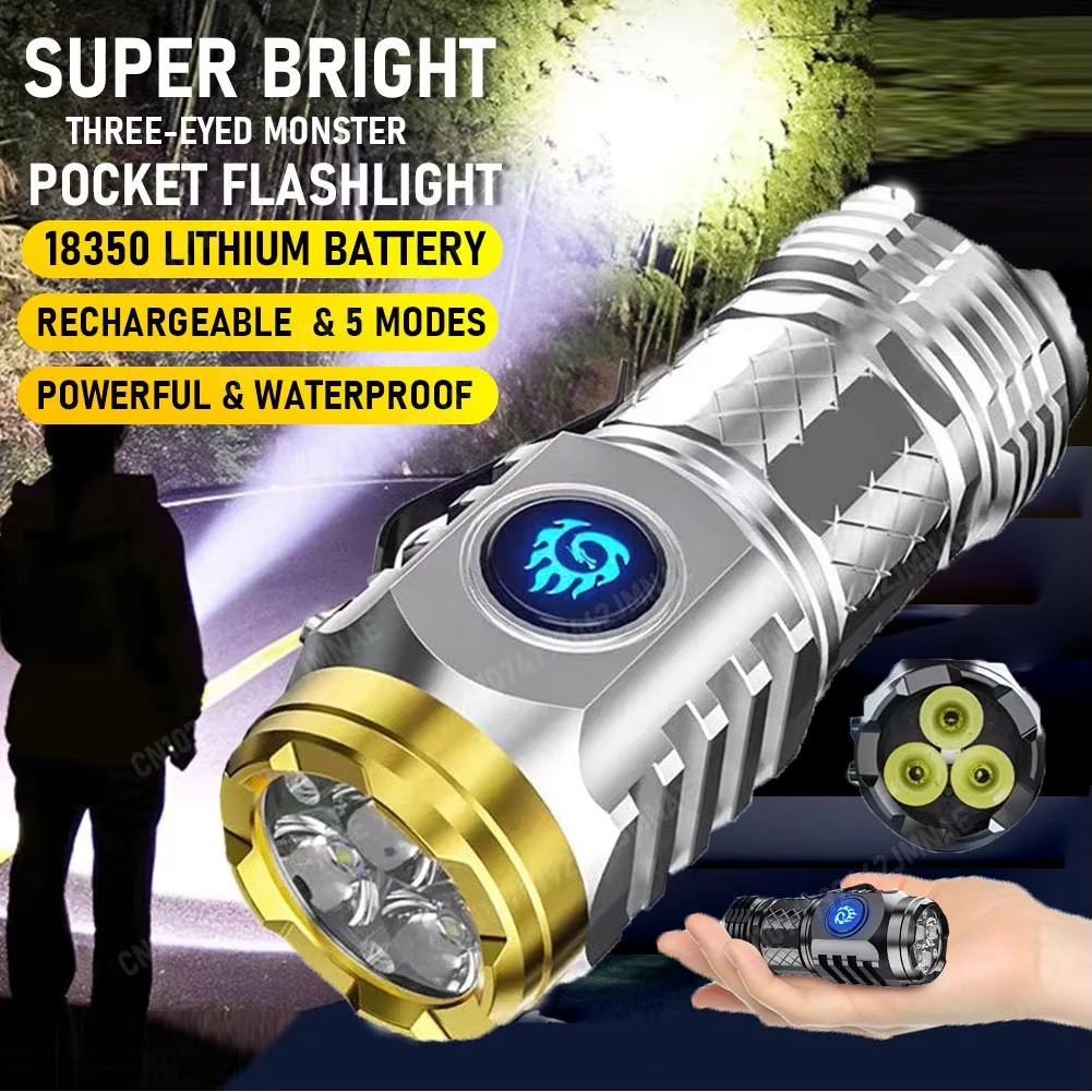 Outdoor Light  Waterproof Flashlight Adjustable Brightness  Type-C Rechargeable Flash Light Super Bright Flashlight 3LED Powerful Handheld Torch Flashlight
