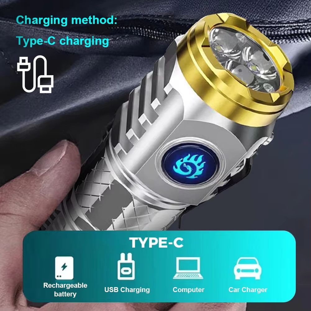 Outdoor Light  Waterproof Flashlight Adjustable Brightness  Type-C Rechargeable Flash Light Super Bright Flashlight 3LED Powerful Handheld Torch Flashlight