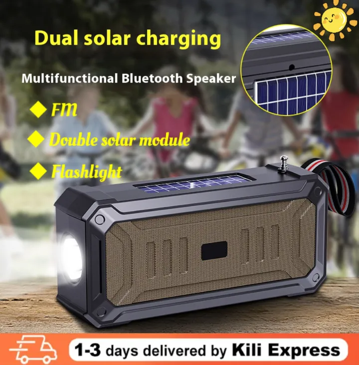 Dual solar Bluetooth speakers Kenya - Camping essentials, super strong flashlight, heavy bass, FM radio and waterproof (essential for power outages)