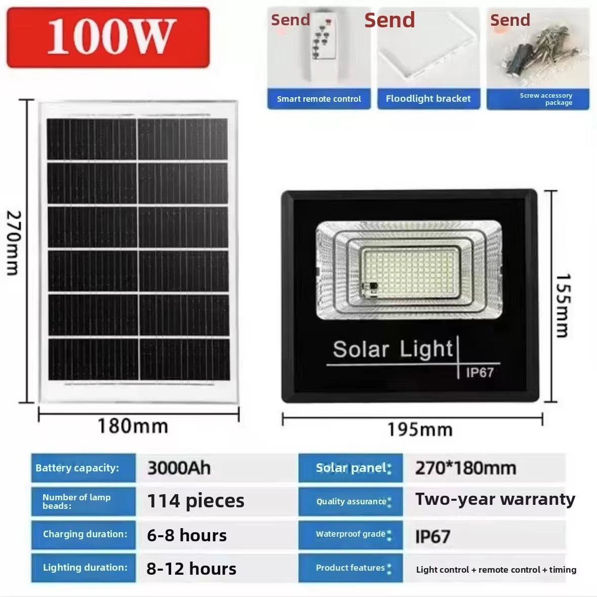 2026 New Solar Light Outdoor Light 100W  Waterproof IP67 Integrated Solar Outdoor Flood Light Garden Stadium Reflector Floodlights Solar Outdoor Light