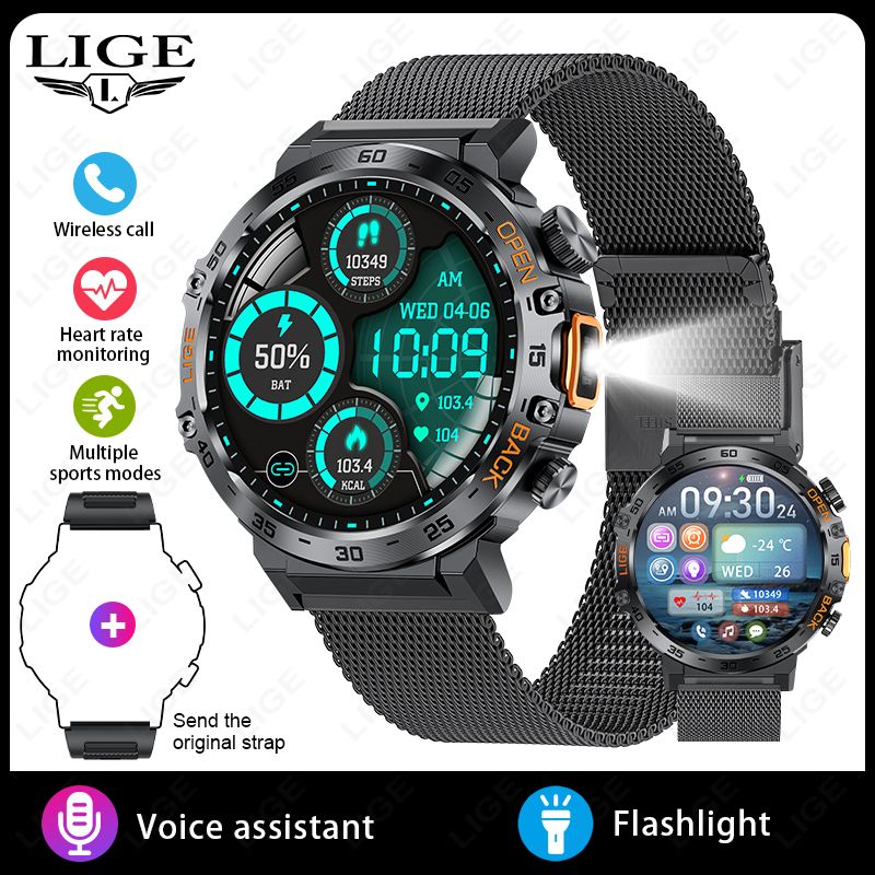 LIGE Smart Watch Men 360*360 AMOLED HD Screen Waterproof Sport Fitness Watches Flashlight New Men Smartwatch For Andrio IOS