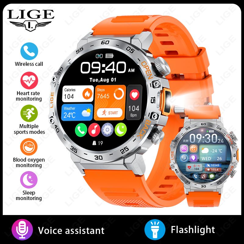 LIGE Smart Watch Men 360*360 AMOLED HD Screen Waterproof Sport Fitness Watches Flashlight New Men Smartwatch For Andrio IOS