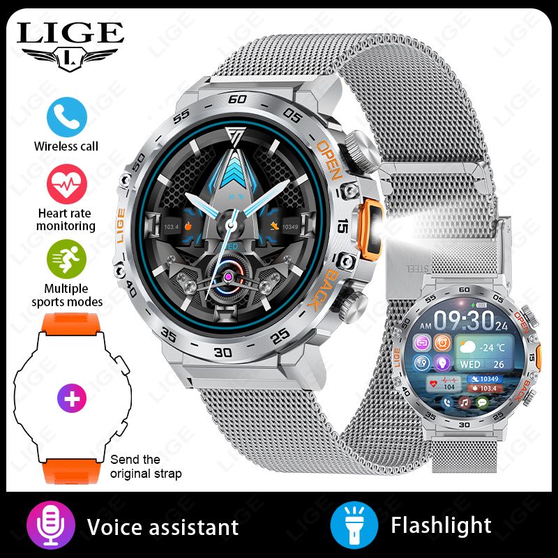 LIGE Smart Watch Men 360*360 AMOLED HD Screen Waterproof Sport Fitness Watches Flashlight New Men Smartwatch For Andrio IOS