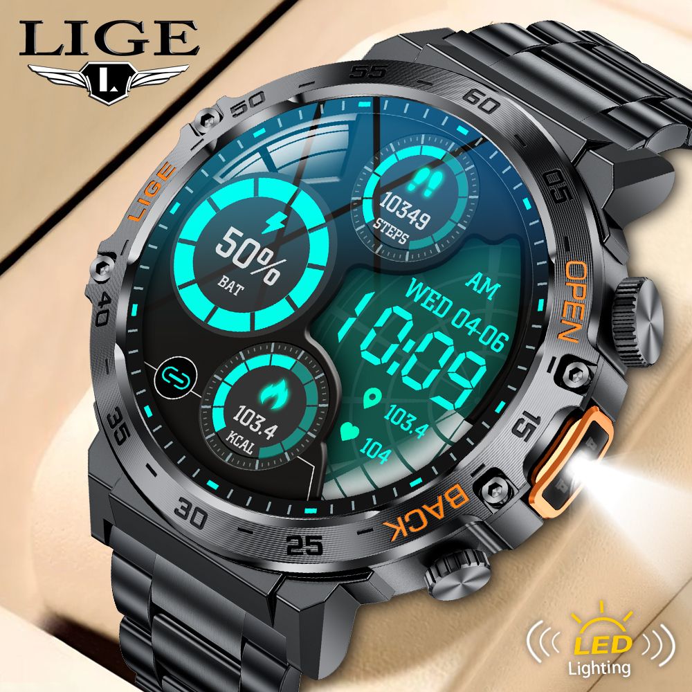 LIGE Smart Watch Men 360*360 AMOLED HD Screen Waterproof Sport Fitness Watches Flashlight New Men Smartwatch For Andrio IOS