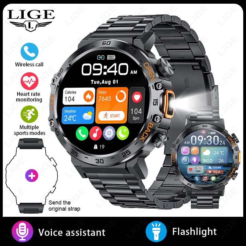 LIGE Smart Watch Men 360*360 AMOLED HD Screen Waterproof Sport Fitness Watches Flashlight New Men Smartwatch For Andrio IOS