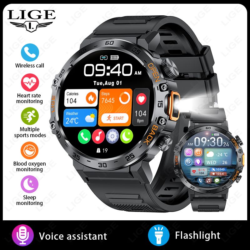 LIGE Smart Watch Men 360*360 AMOLED HD Screen Waterproof Sport Fitness Watches Flashlight New Men Smartwatch For Andrio IOS