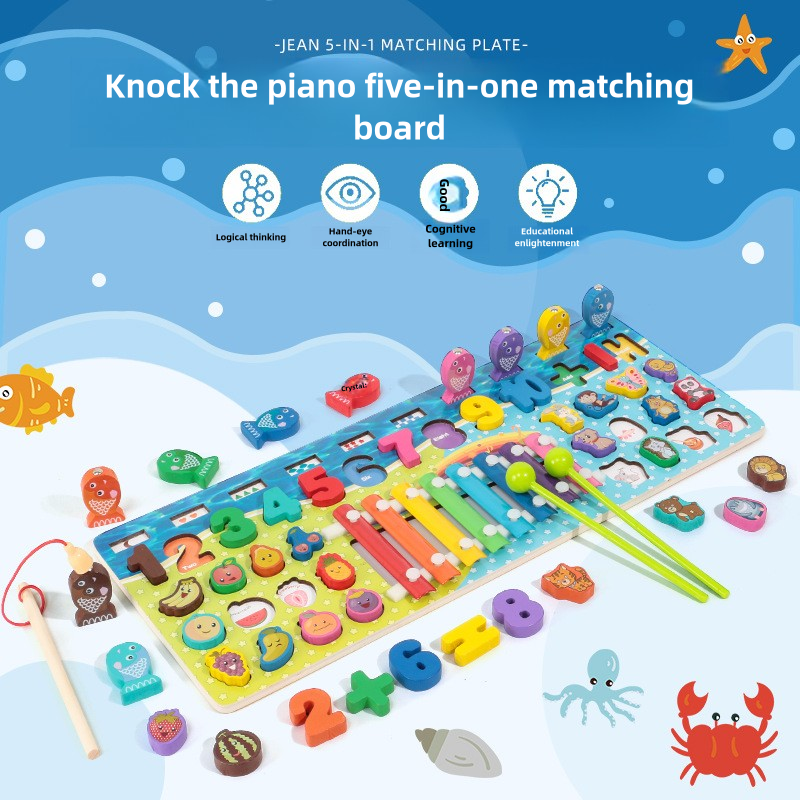 Five in one piano tapping, logarithmic board, children's building blocks, puzzle calculation, fishing, numbers, fruits, matching toys, puzzle board