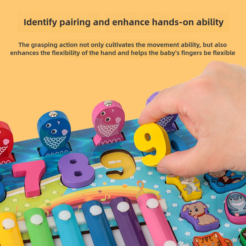Five in one piano tapping, logarithmic board, children's building blocks, puzzle calculation, fishing, numbers, fruits, matching toys, puzzle board