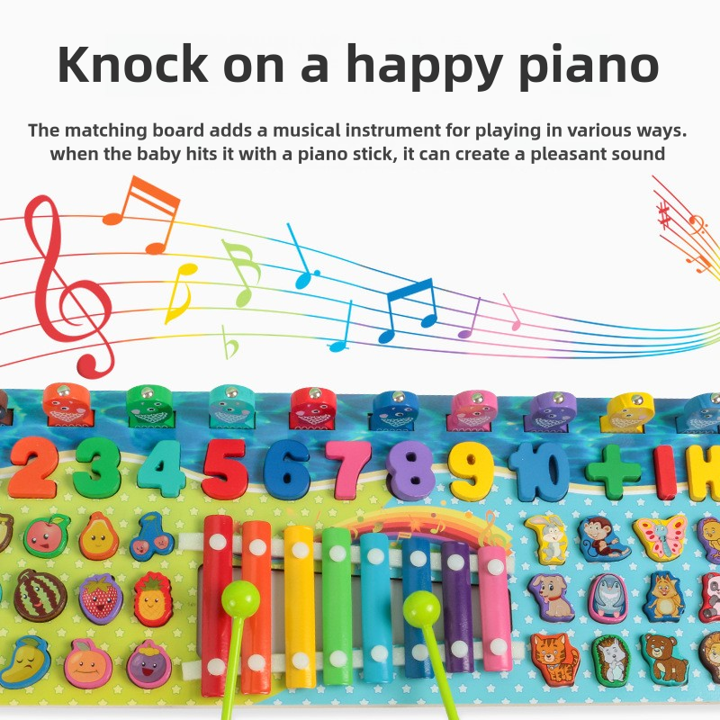 Five in one piano tapping, logarithmic board, children's building blocks, puzzle calculation, fishing, numbers, fruits, matching toys, puzzle board