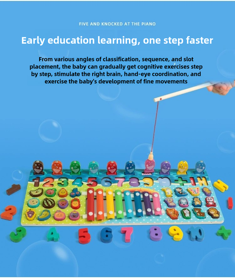 Five in one piano tapping, logarithmic board, children's building blocks, puzzle calculation, fishing, numbers, fruits, matching toys, puzzle board