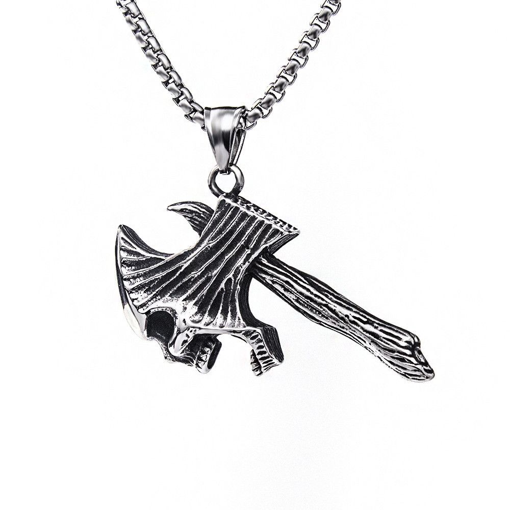 60CM European and American Hip-hop Retro Titanium Steel Necklace, Stainless Steel Ghost Head Ax Necklace, Titanium Steel Pendant Tomahawk Domineering