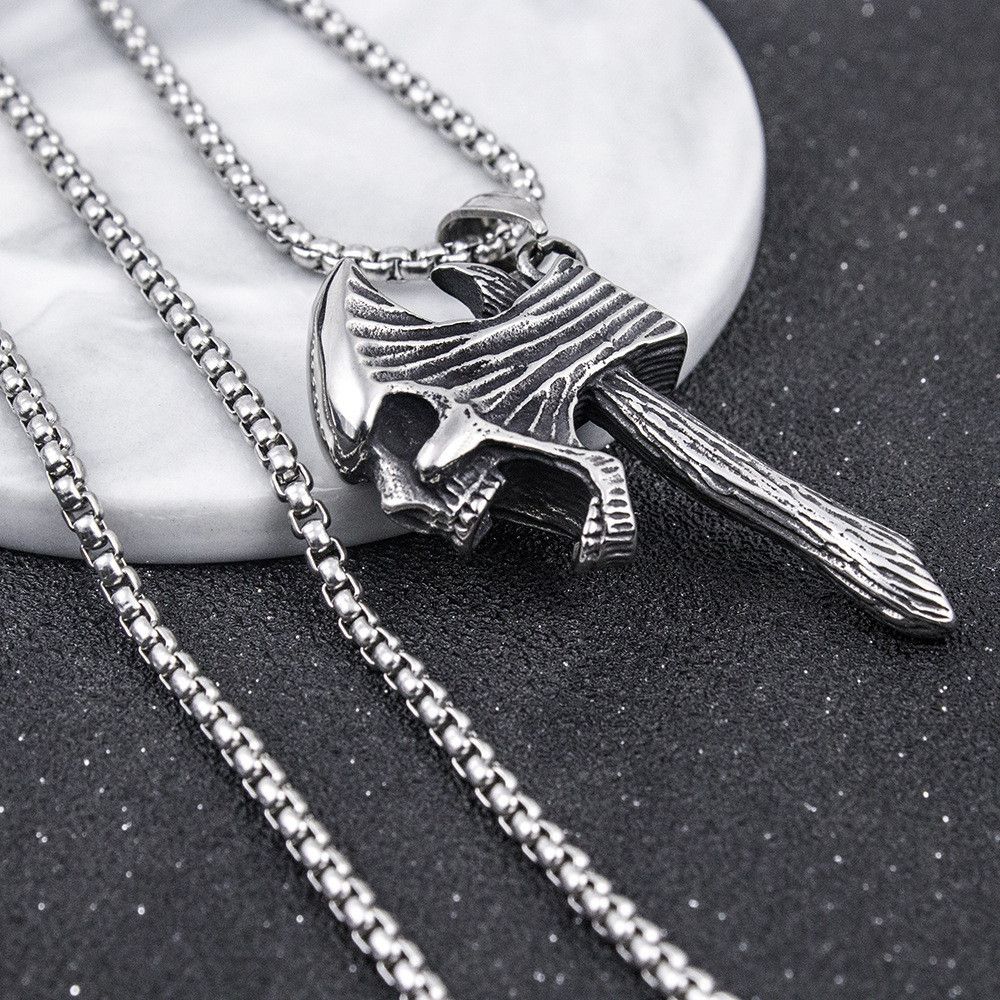 60CM European and American Hip-hop Retro Titanium Steel Necklace, Stainless Steel Ghost Head Ax Necklace, Titanium Steel Pendant Tomahawk Domineering