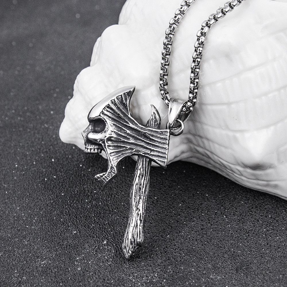 60CM European and American Hip-hop Retro Titanium Steel Necklace, Stainless Steel Ghost Head Ax Necklace, Titanium Steel Pendant Tomahawk Domineering