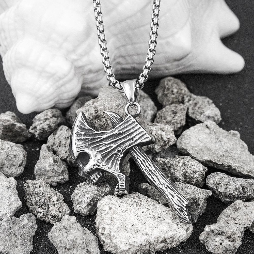 60CM European and American Hip-hop Retro Titanium Steel Necklace, Stainless Steel Ghost Head Ax Necklace, Titanium Steel Pendant Tomahawk Domineering