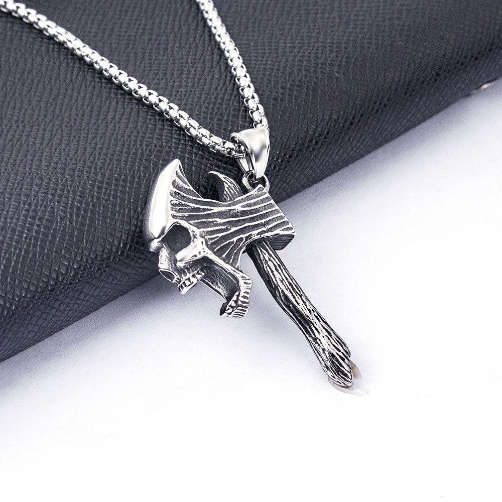 60CM European and American Hip-hop Retro Titanium Steel Necklace, Stainless Steel Ghost Head Ax Necklace, Titanium Steel Pendant Tomahawk Domineering