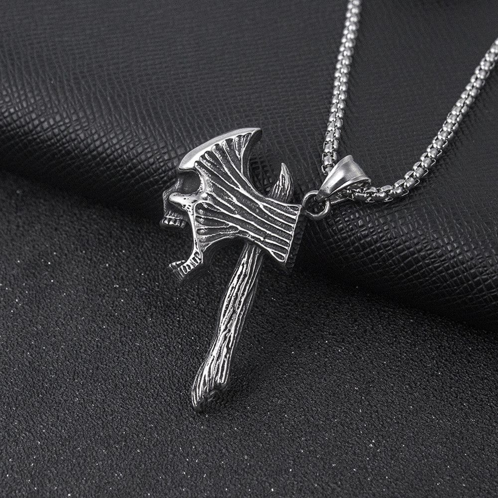 60CM European and American Hip-hop Retro Titanium Steel Necklace, Stainless Steel Ghost Head Ax Necklace, Titanium Steel Pendant Tomahawk Domineering