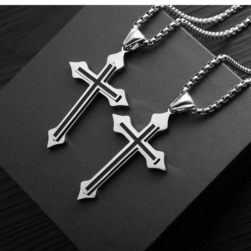 Fashion Accessories > Jewelry > Men Jewelry > Necklaces > Fashion Necklaces  60CM Cross Necklace Men's Stainless Steel Domineering Korean Style Fashion Couple Pendant Male Student Pendant Accessories