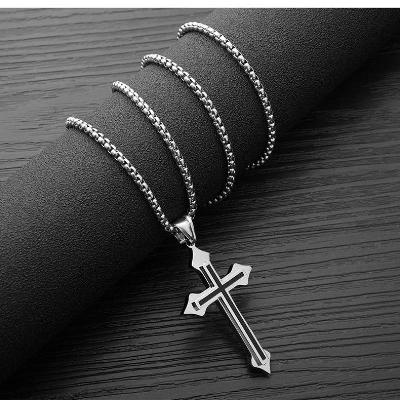 Fashion Accessories > Jewelry > Men Jewelry > Necklaces > Fashion Necklaces  60CM Cross Necklace Men's Stainless Steel Domineering Korean Style Fashion Couple Pendant Male Student Pendant Accessories