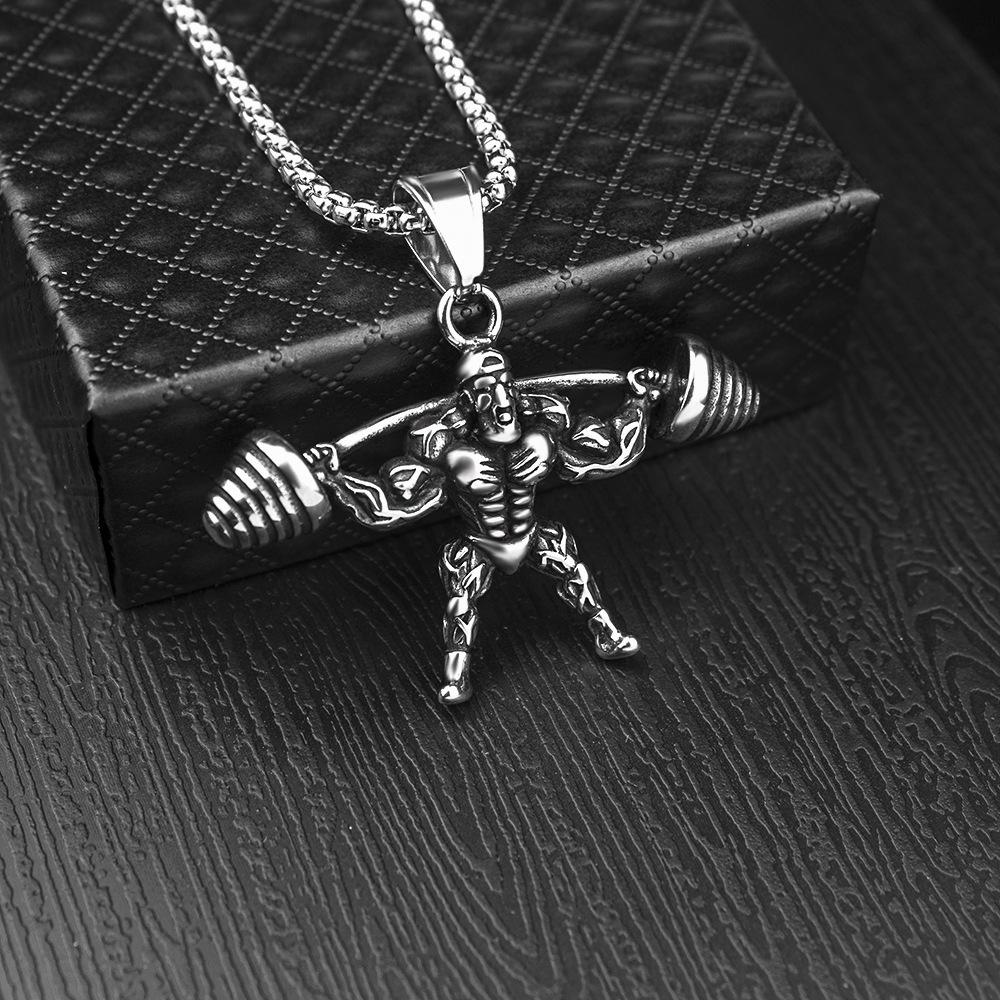 60CM European And American Fashionable Fitness Muscular Man Weightlifting Master Barbell Titanium Steel Pendant Sports Trendy Man Domineering Necklace Pendant