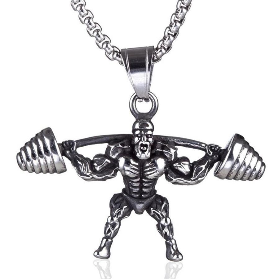 60CM European And American Fashionable Fitness Muscular Man Weightlifting Master Barbell Titanium Steel Pendant Sports Trendy Man Domineering Necklace Pendant