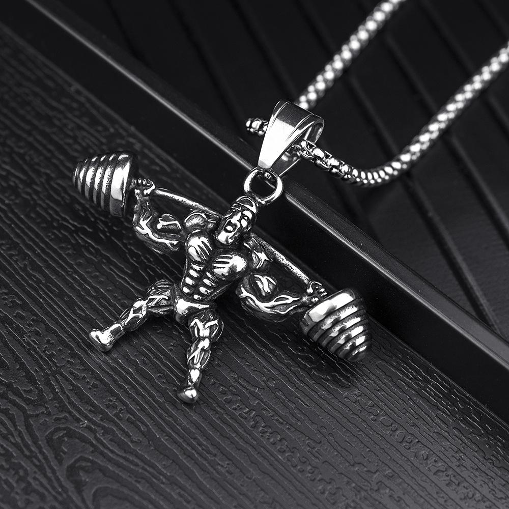 60CM European And American Fashionable Fitness Muscular Man Weightlifting Master Barbell Titanium Steel Pendant Sports Trendy Man Domineering Necklace Pendant