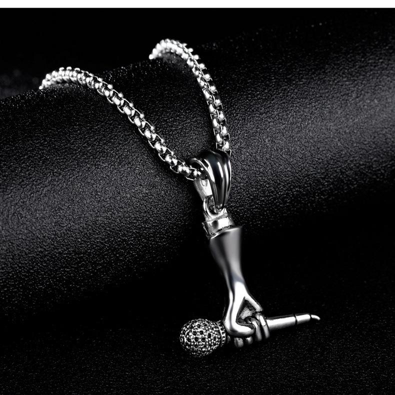 Fashion Accessories > Jewelry > Men Jewelry > Necklaces > Fashion60CM New Stainless Steel Jewelry Creative Male And Female Singer Holding Microphone Microphone Necklace Rock And Roll Hip-hop Necklace