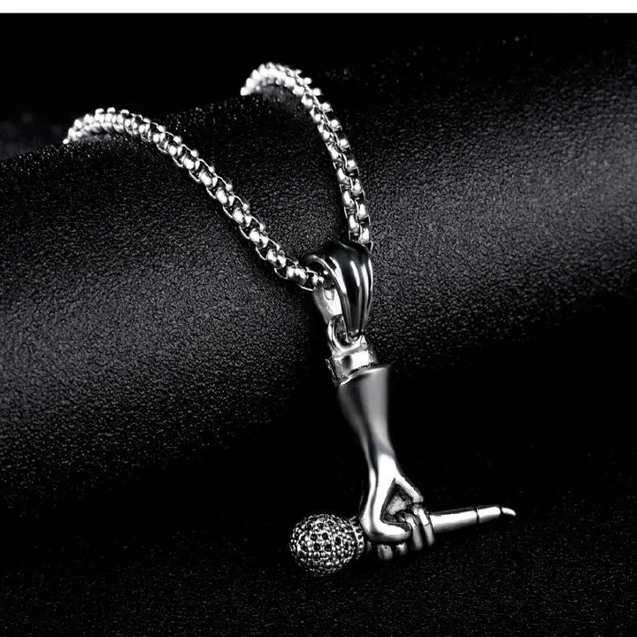 Fashion Accessories > Jewelry > Men Jewelry > Necklaces > Fashion60CM New Stainless Steel Jewelry Creative Male And Female Singer Holding Microphone Microphone Necklace Rock And Roll Hip-hop Necklace