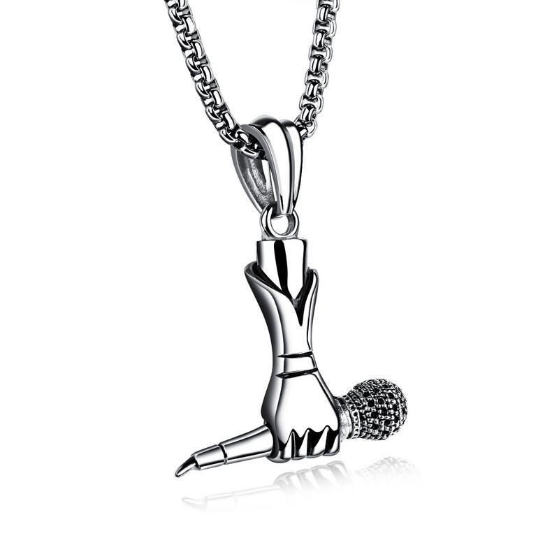 Fashion Accessories > Jewelry > Men Jewelry > Necklaces > Fashion60CM New Stainless Steel Jewelry Creative Male And Female Singer Holding Microphone Microphone Necklace Rock And Roll Hip-hop Necklace