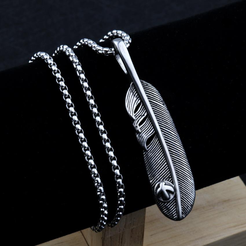Fashion Accessories > Jewelry > Men Jewelry > Necklaces > Fashion Necklaces  60CM Retro Eagle Feather Necklace Personalized Male And Female Couple Leaf Pendant Stainless Steel Chain+Free gift box