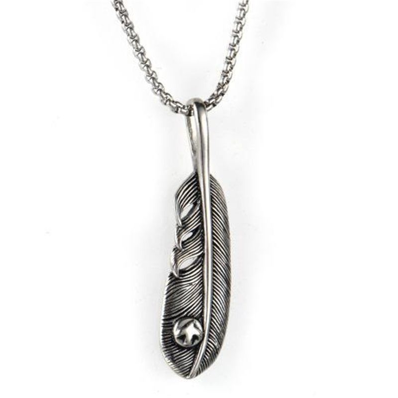 Fashion Accessories > Jewelry > Men Jewelry > Necklaces > Fashion Necklaces  60CM Retro Eagle Feather Necklace Personalized Male And Female Couple Leaf Pendant Stainless Steel Chain+Free gift box