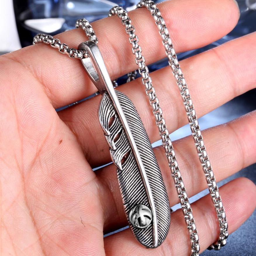 Fashion Accessories > Jewelry > Men Jewelry > Necklaces > Fashion Necklaces  60CM Retro Eagle Feather Necklace Personalized Male And Female Couple Leaf Pendant Stainless Steel Chain+Free gift box