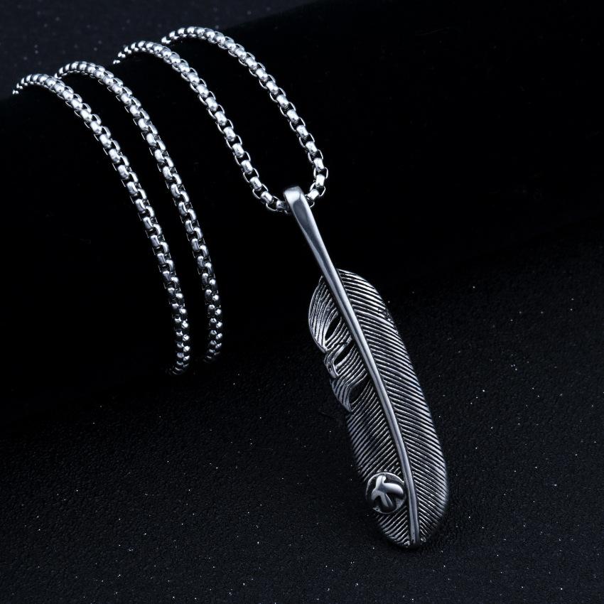 Fashion Accessories > Jewelry > Men Jewelry > Necklaces > Fashion Necklaces  60CM Retro Eagle Feather Necklace Personalized Male And Female Couple Leaf Pendant Stainless Steel Chain+Free gift box