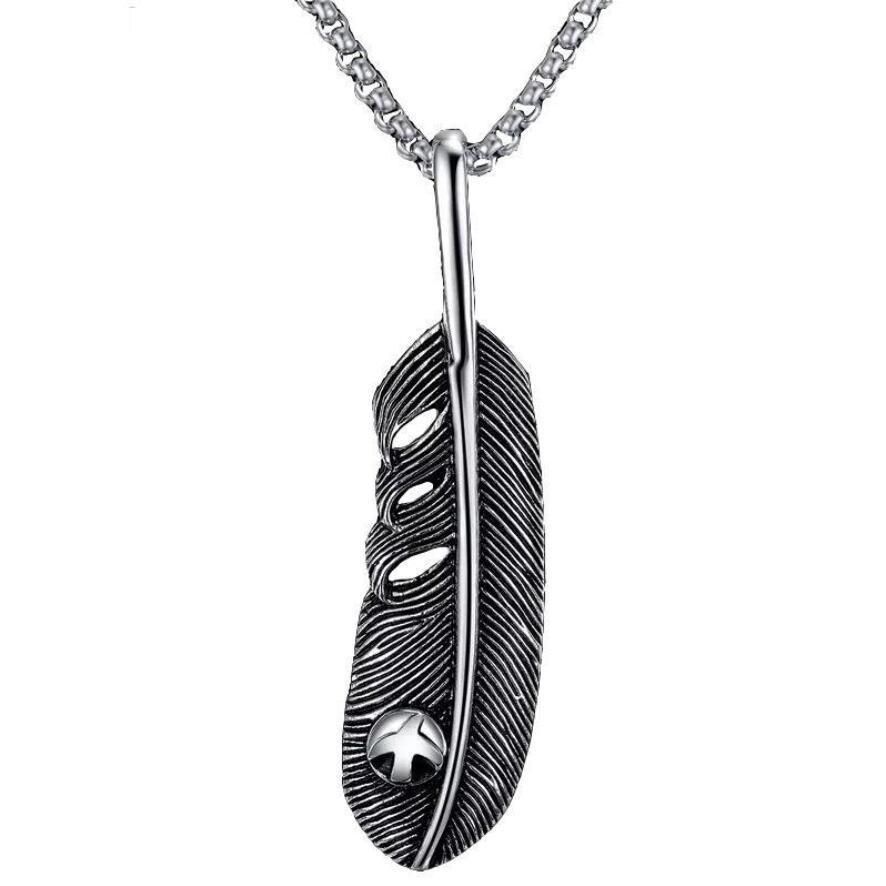 Fashion Accessories > Jewelry > Men Jewelry > Necklaces > Fashion Necklaces  60CM Retro Eagle Feather Necklace Personalized Male And Female Couple Leaf Pendant Stainless Steel Chain+Free gift box