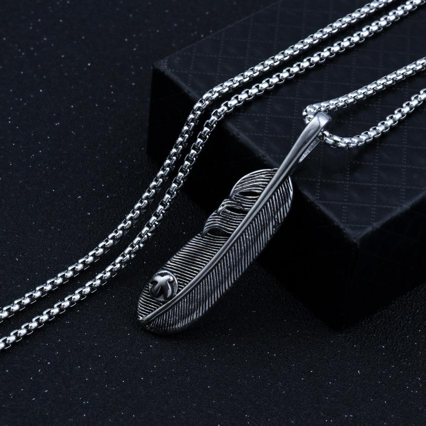 Fashion Accessories > Jewelry > Men Jewelry > Necklaces > Fashion Necklaces  60CM Retro Eagle Feather Necklace Personalized Male And Female Couple Leaf Pendant Stainless Steel Chain+Free gift box