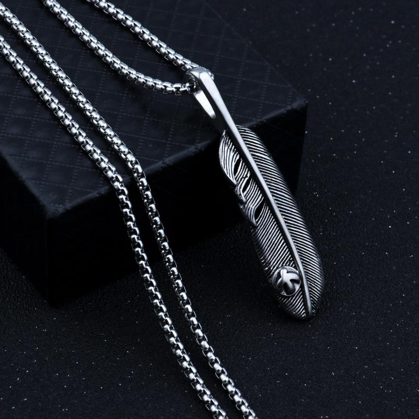 Fashion Accessories > Jewelry > Men Jewelry > Necklaces > Fashion Necklaces  60CM Retro Eagle Feather Necklace Personalized Male And Female Couple Leaf Pendant Stainless Steel Chain+Free gift box