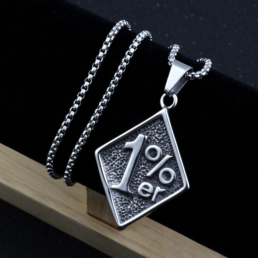Wear It And Make The Most Unique 1%! European And American Retro  1%Er Square Tag Titanium Steel Necklace, Personalized Couple Punk Style, Release Your Trendy Attitude Fashion Accessories Jewelry 60CM
