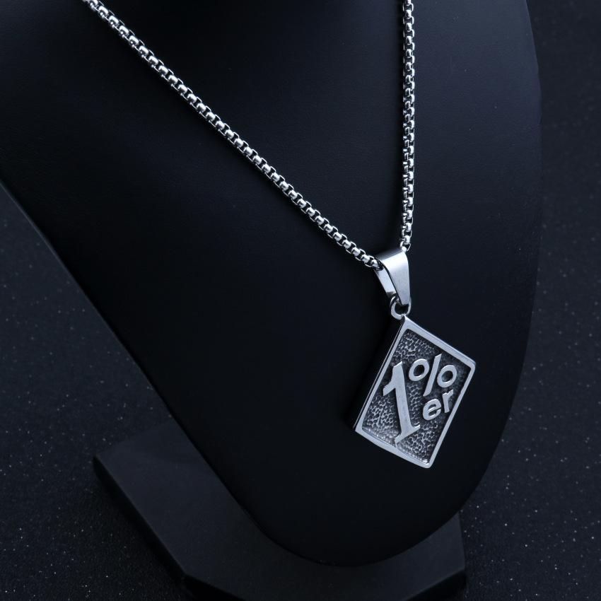 Wear It And Make The Most Unique 1%! European And American Retro  1%Er Square Tag Titanium Steel Necklace, Personalized Couple Punk Style, Release Your Trendy Attitude Fashion Accessories Jewelry 60CM