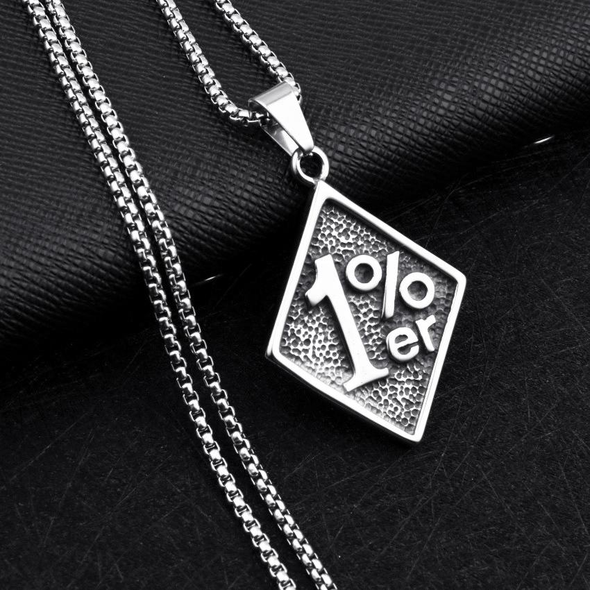 Wear It And Make The Most Unique 1%! European And American Retro  1%Er Square Tag Titanium Steel Necklace, Personalized Couple Punk Style, Release Your Trendy Attitude Fashion Accessories Jewelry 60CM
