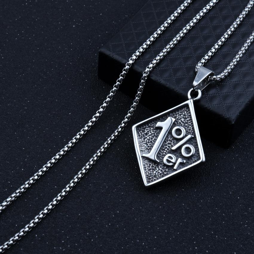 Wear It And Make The Most Unique 1%! European And American Retro  1%Er Square Tag Titanium Steel Necklace, Personalized Couple Punk Style, Release Your Trendy Attitude Fashion Accessories Jewelry 60CM