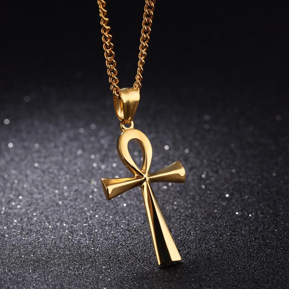 60cm Titanium Steel Ancient Egyptian Cross Necklace With Bow Glossy Double Elements, Gold, Silver And Black Three Colors Optional, Sweat-proof And Rust-proof, European And American Light Luxury Men's