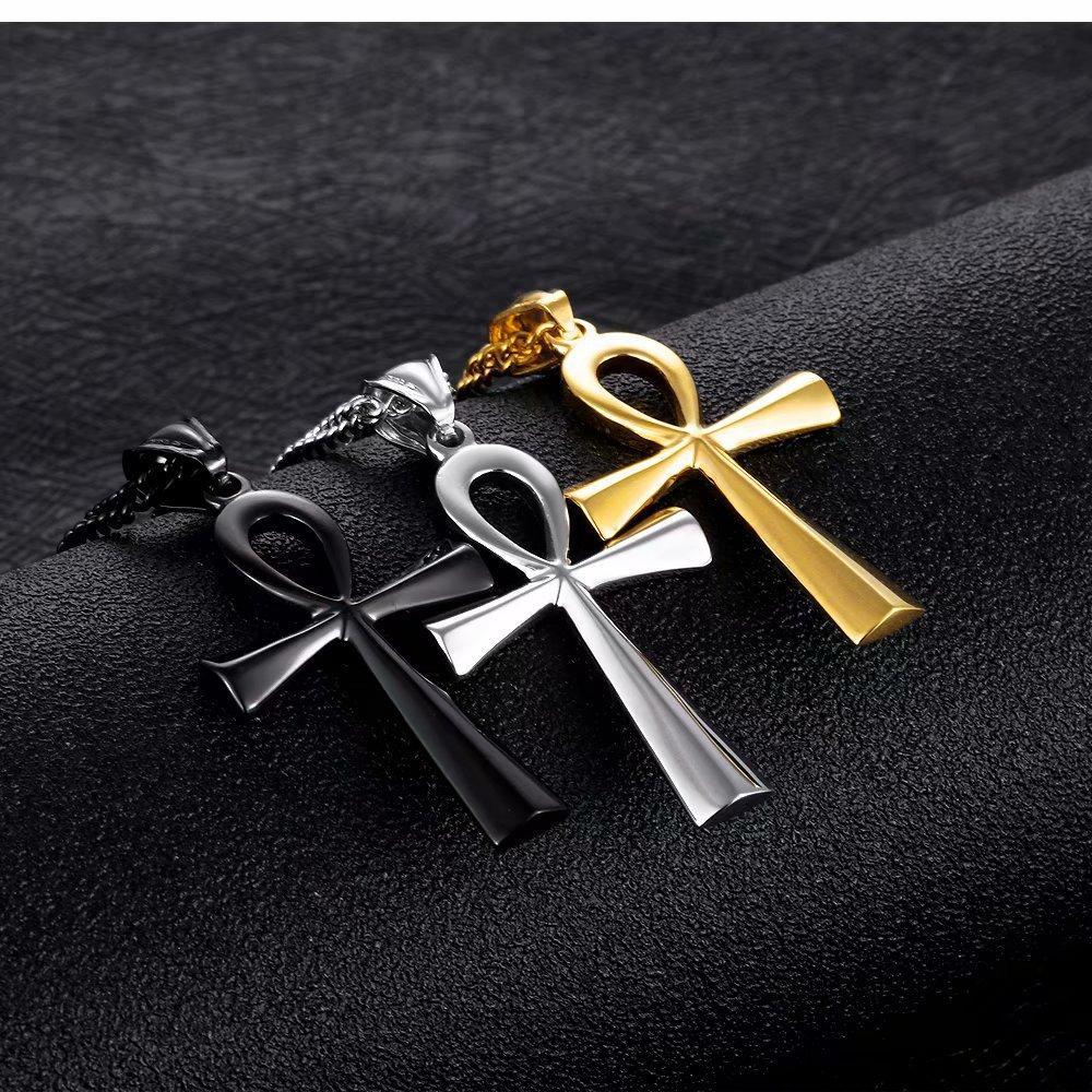 60cm Titanium Steel Ancient Egyptian Cross Necklace With Bow Glossy Double Elements, Gold, Silver And Black Three Colors Optional, Sweat-proof And Rust-proof, European And American Light Luxury Men's