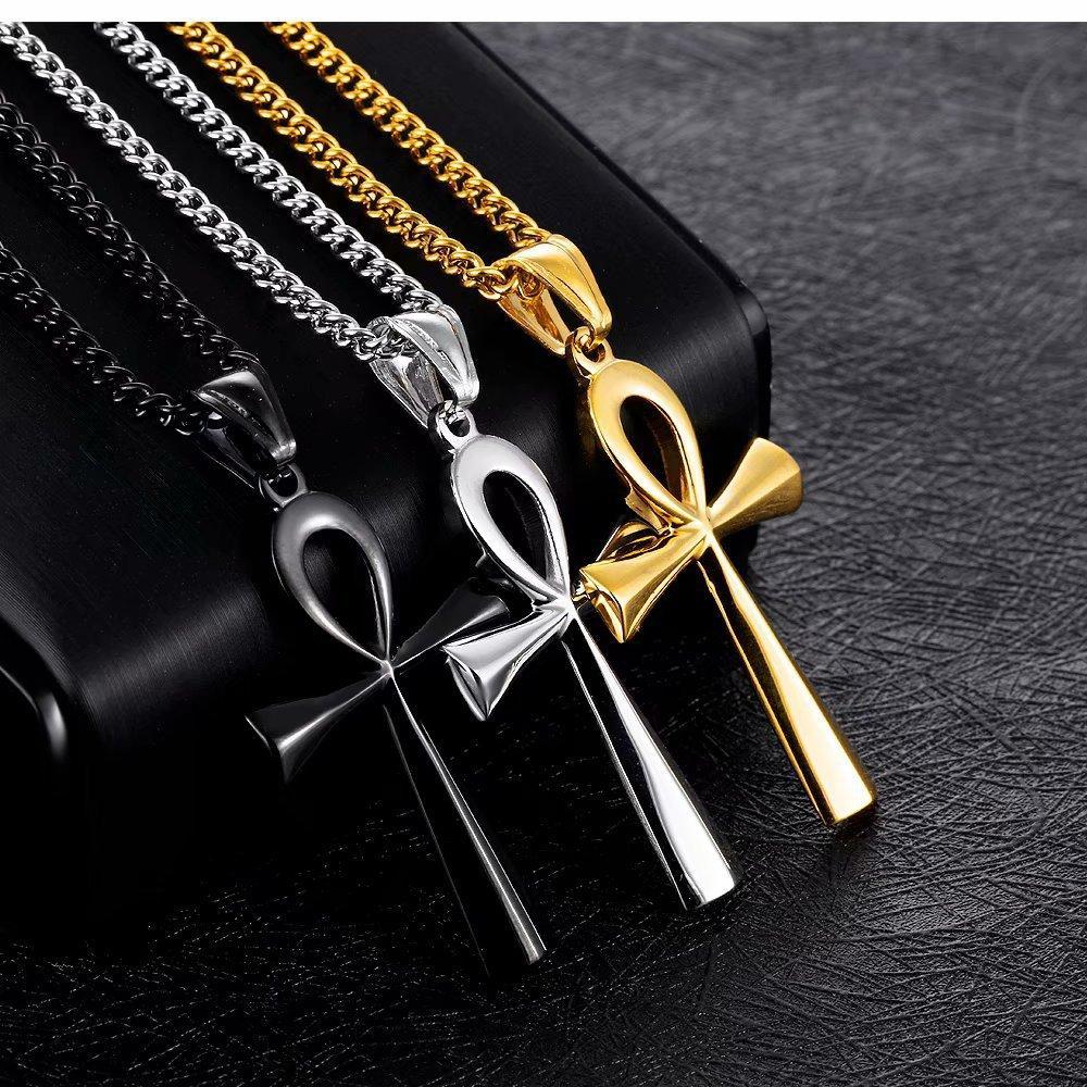 60cm Titanium Steel Ancient Egyptian Cross Necklace With Bow Glossy Double Elements, Gold, Silver And Black Three Colors Optional, Sweat-proof And Rust-proof, European And American Light Luxury Men's